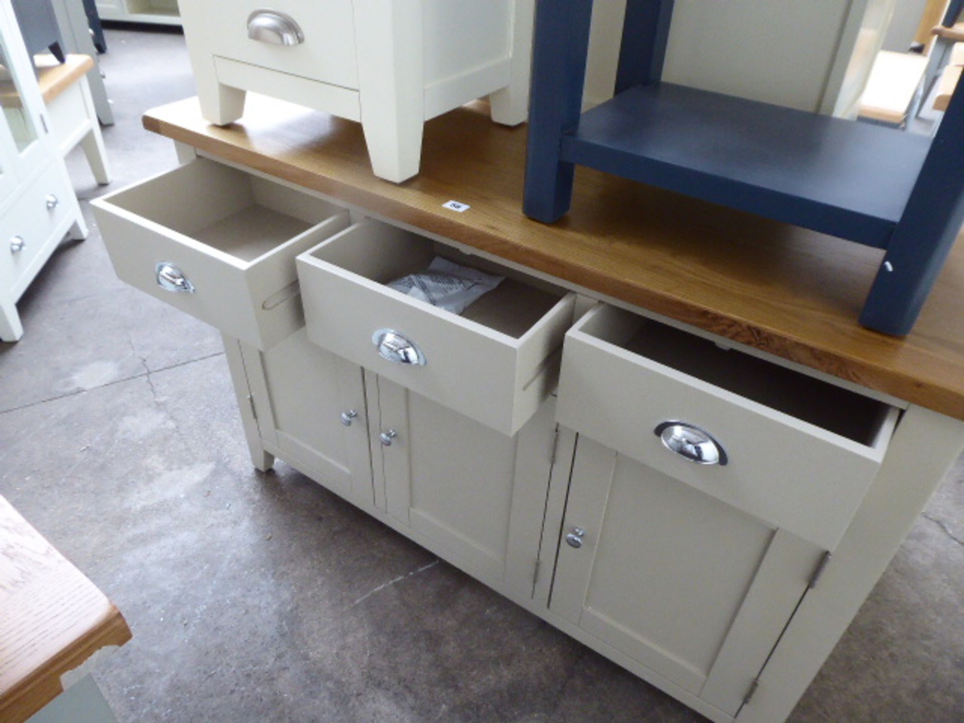 Grey painted and oak top medium sideboard with 3 drawers and 3 cupboards, 130cm wide - Image 2 of 3