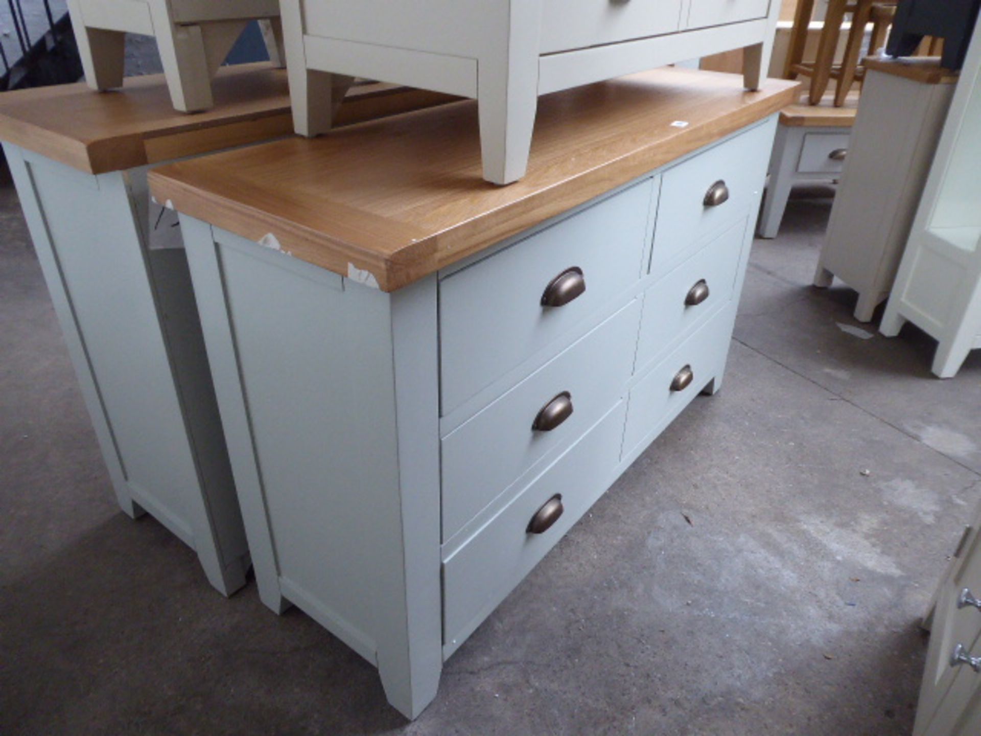 Blue painted oak top chest of 6 drawers, 130cm wide