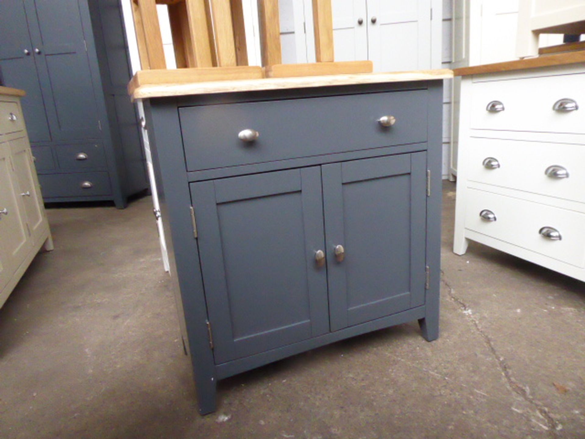 Blue painted oak top sideboard with single drawer and double door cupboard, 75cm wide - Image 3 of 3