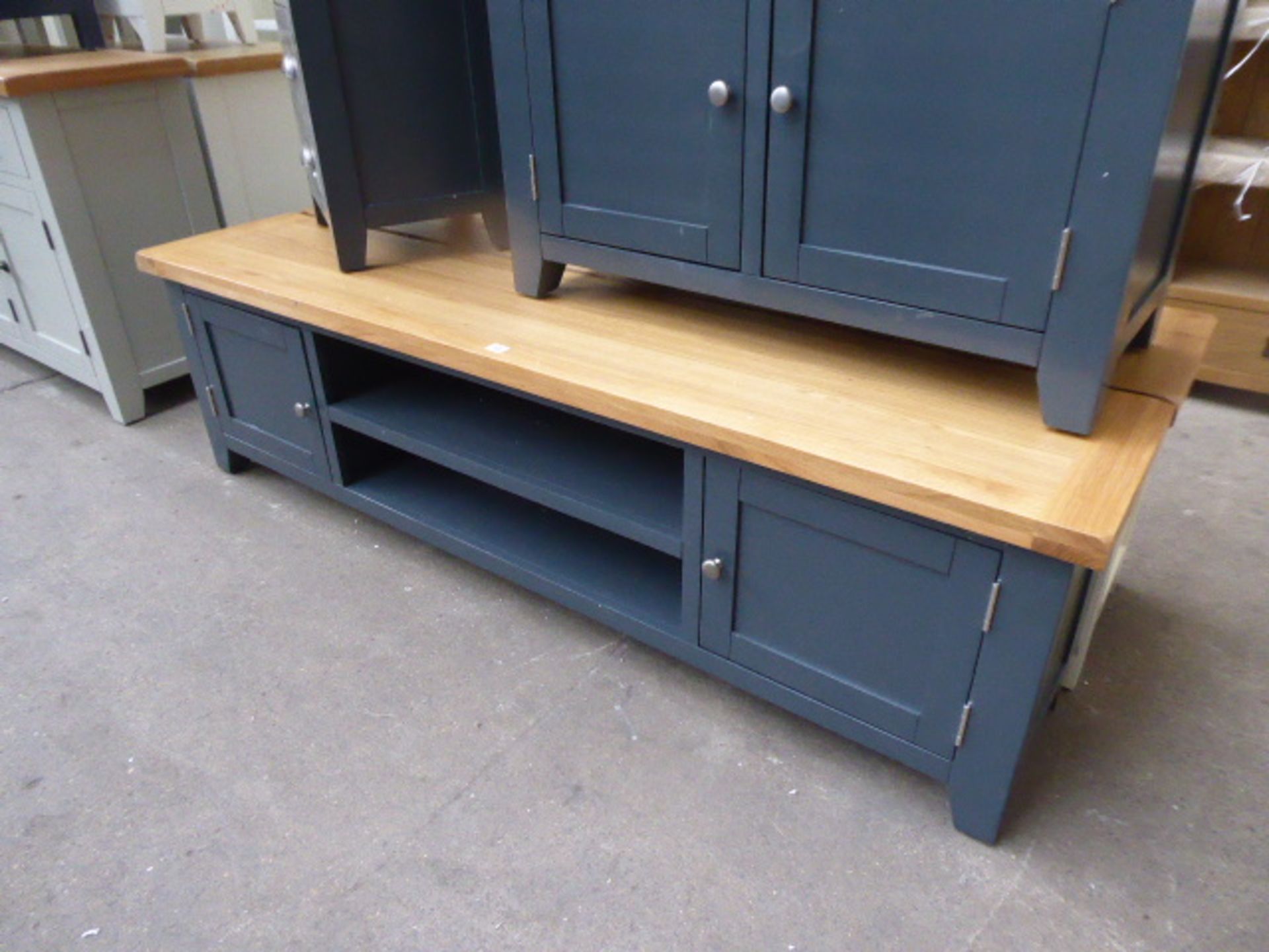 Blue painted and oak top large TV unit with 2 shelves and 2 cupboards, 180cm wide