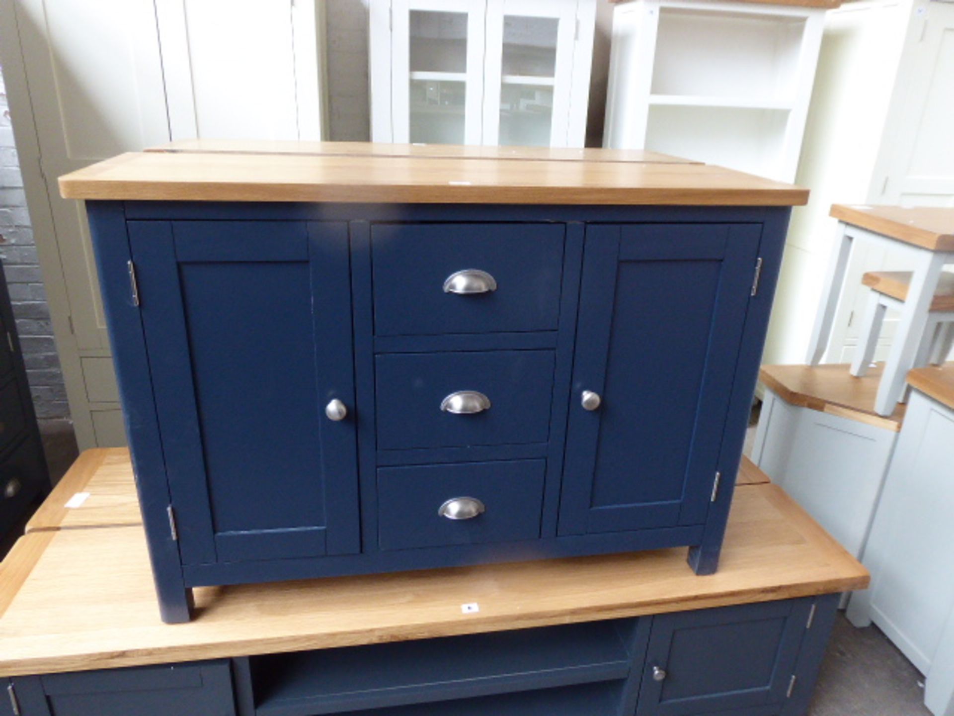 Blue painted and oak top medium sideboard with 3 drawers and 2 cupboards, 115cm wide