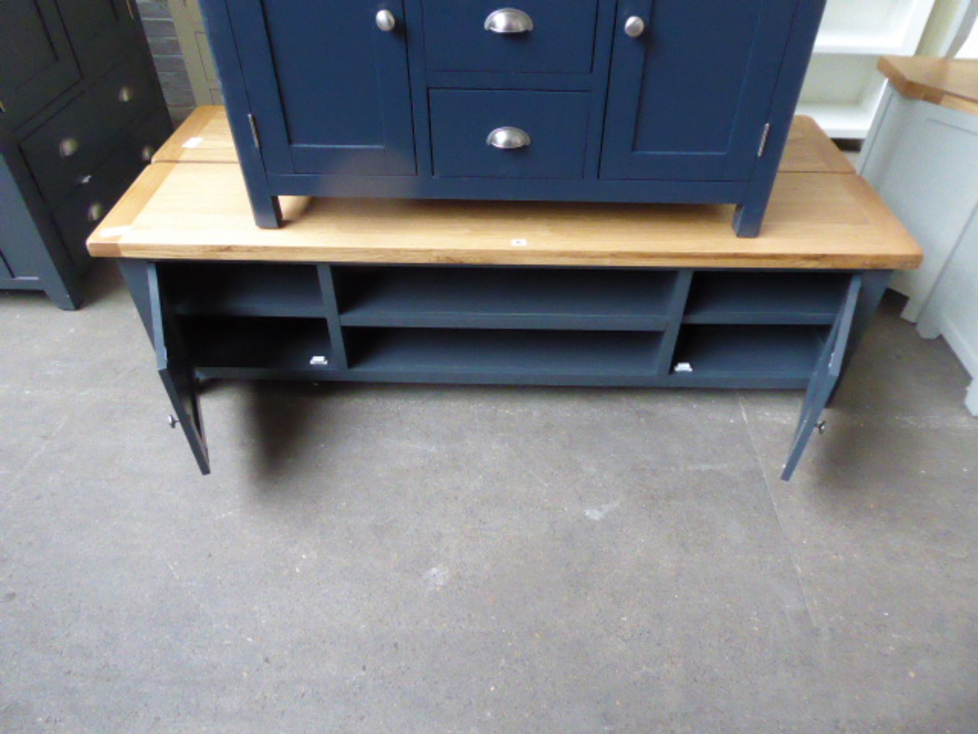 Blue painted and oak top large TV unit with 2 shelves and 2 cupboards, 180cm wide - Image 2 of 3