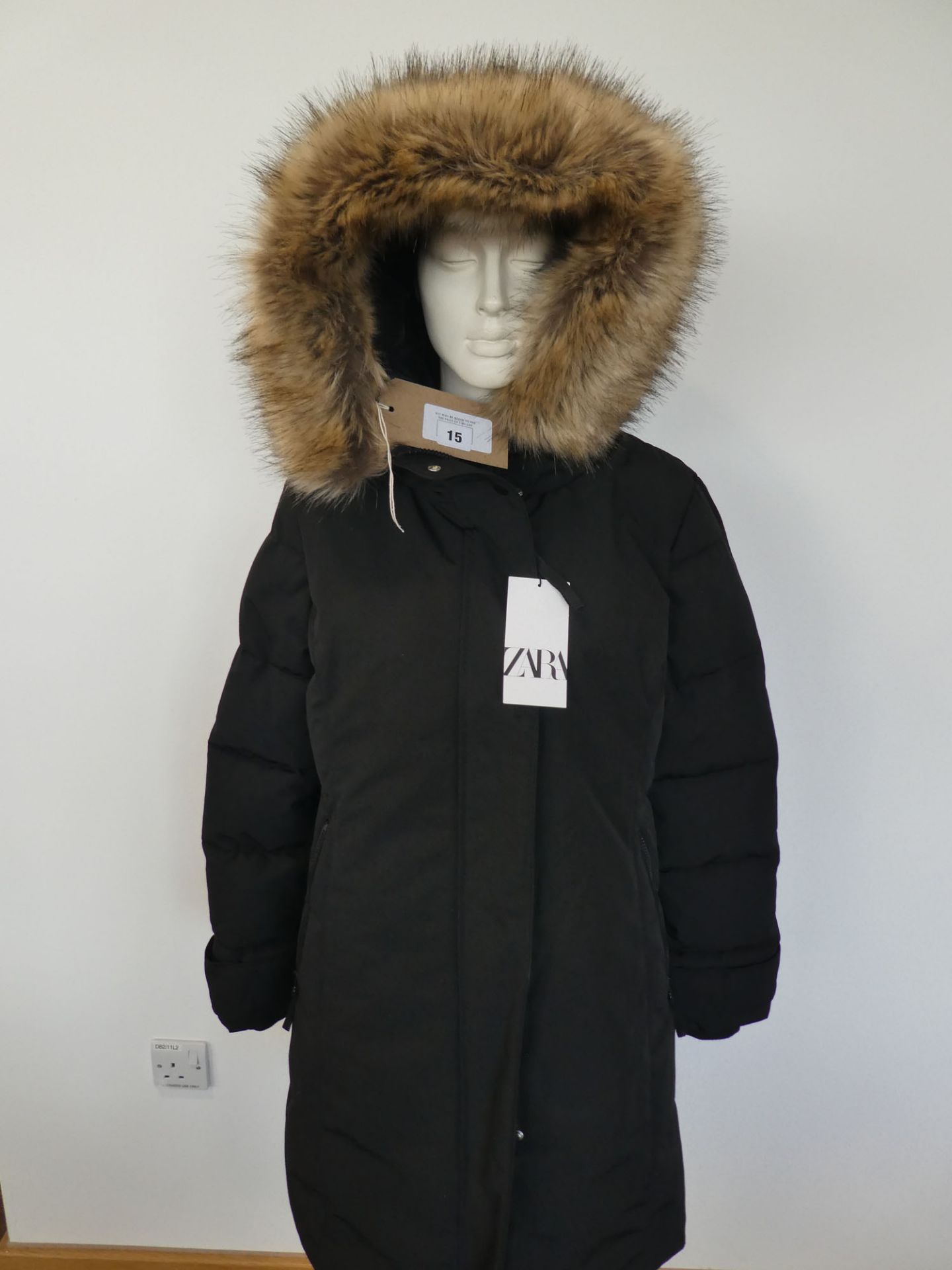 Zara ladies long winter parka jacket in black size L