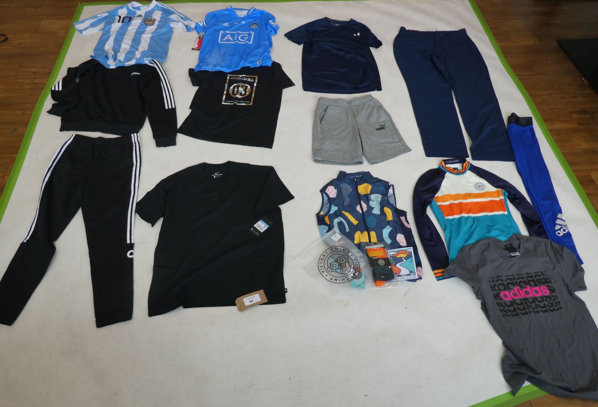 Selection of sportswear to include Nike, Adidas, Victory Chimp, etc (sizes on 2nd photo)