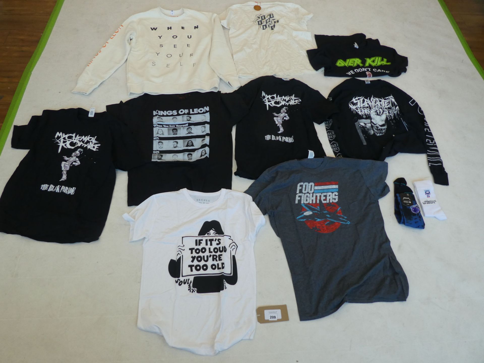 Rock shirts and socks including Metallica and Chemical Brothers socks, and Overkill, Foo Fighters,