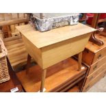 Wooden work box on tapered legs and contents of mixed sewing equipment