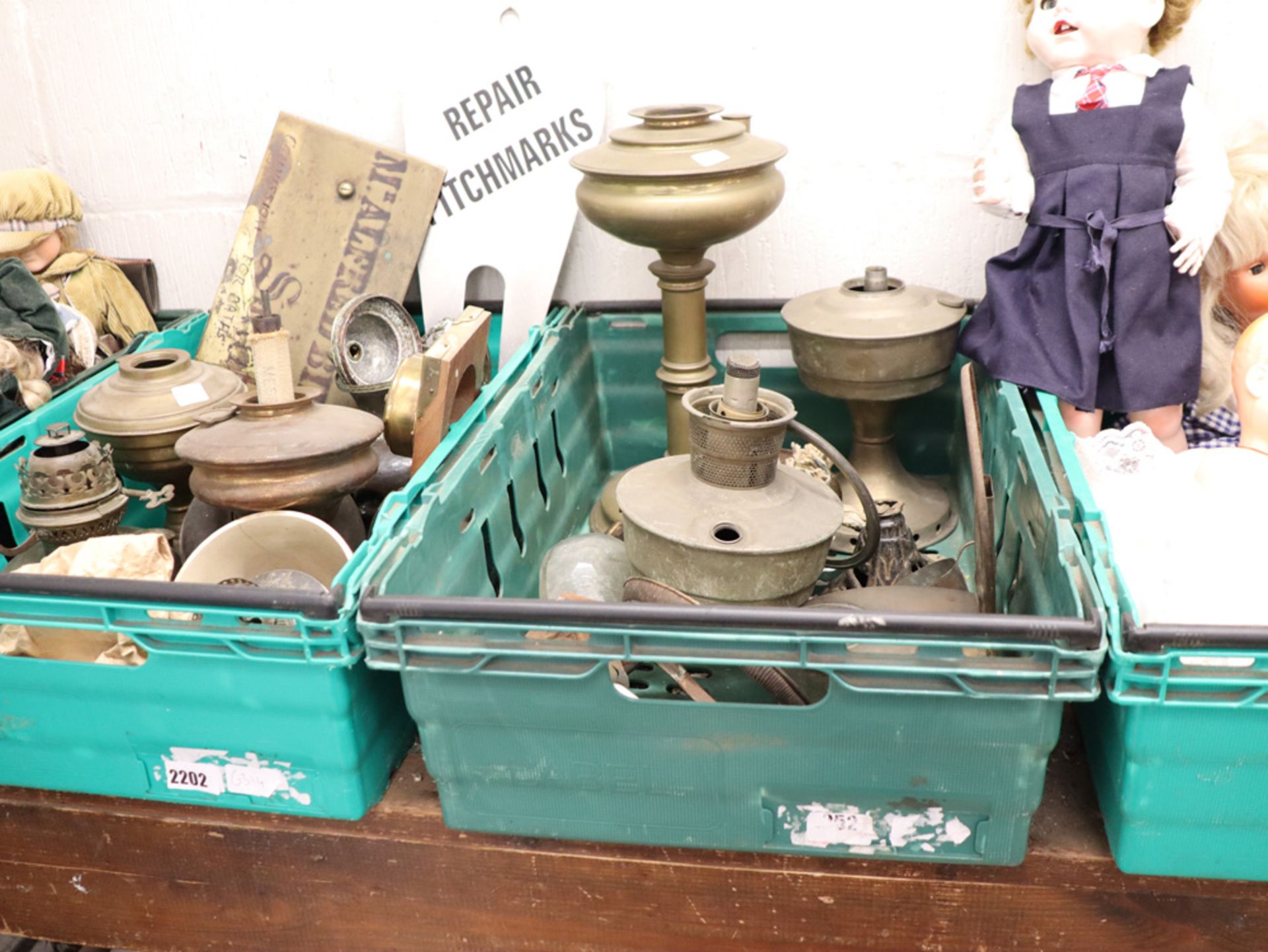 2 crates of various brassware incl. Alfred Bilton Solicitors sign, brass lamp parts, etc. - Image 2 of 2