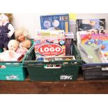 2 crates of board games and toys incl. Lego parts, logo board game, Build Your Own Engine set, etc.