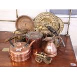 Collection of copper and brassware incl. 2 kettles, lantern, platters, piggy bank, etc.