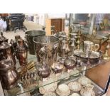 Shelf containing various silver plated ware and other metalwares