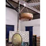 Brass bed warming pan and copper and brass hanging dish