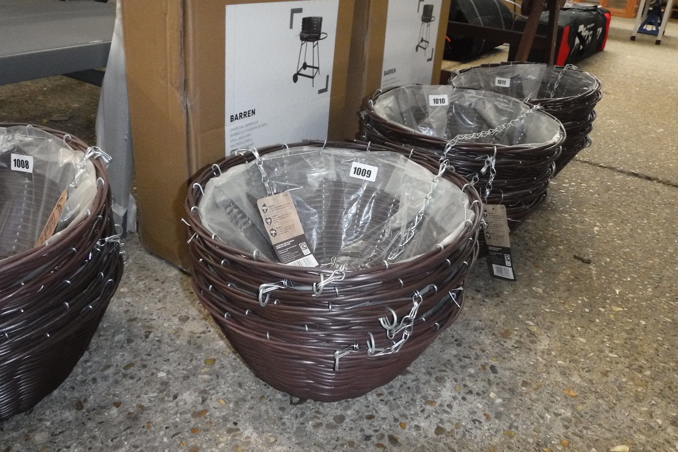 Stack of 5 brown rattan effect 14'' hanging baskets