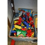 Crate containing vintage toys