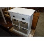 (13) Small white storage unit with 4 rattan and 2 wooden drawers