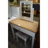 (13) Single drawer light grey dressing table with oak surface and matching stool and free standing