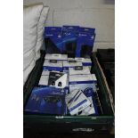 Crate containing 3 PS4 vertical stands, PS4 players kit, quantity of precision gaming packs,