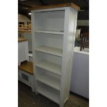 (00) Off white open front bookcase with oak top