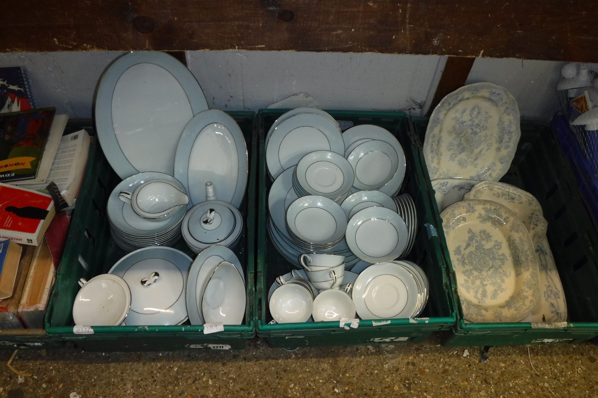 2 crates of Noritake china tea service with crate of various sized meat platters