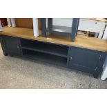 (00) Dark grey TV stand with 2 integral cupboards and oak surface