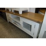 (00) Off white TV stand with single door and 2 drawers with oak surface