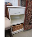 Cream painted cabinet with single drawer shelf and wicker basket