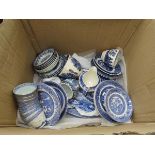 Box containing blue and white crockery