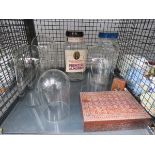 Cage with glass domes, storage bottles and a carved Indian box with a qty of cigarette cards