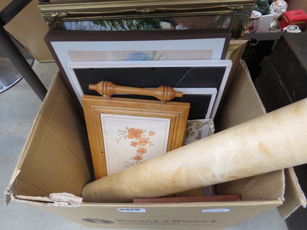 Box containing quantity of paintings and prints incl. snowy mountains, derelict cottage, Japanese