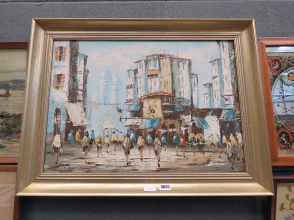 Contemporary oil on canvas 'Cityscape with figures'