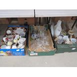 3 boxes containing Old Country Rose crockery, general china, glassware, beer flagons, etc.