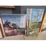 Pair of modern oils on canvas - woodland and lake