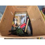 Box containing painted lead childrens toys plus trains and track