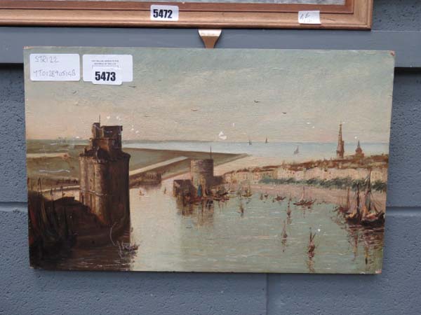 Oil on board: fortified harbour with boats