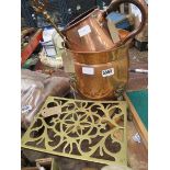 Brass trivet, copper pot, jug and toasting fork