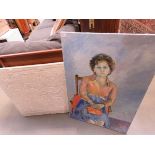 ***WITHDRAWN*** Oil on canvas - study of a lady plus a modern Egyptian panel and a wooden tray