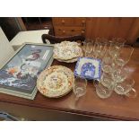 Mythical print with dragon an egg and a qty of floral patterned Staffordshire crockery, blue and