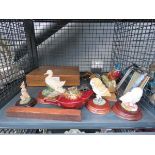 Cage with a Beswick style pheasant plus ornamental owls, cutlery canteen, cork screws and an AA