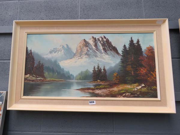 Modern oil on canvas of snowy mountains and forest lake