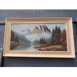 Modern oil on canvas of snowy mountains and forest lake