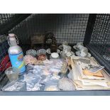 Cage with Japanese cups and saucers, ornamental elephants, seashells and ephemera