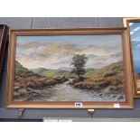 Oil on board: highland stream with tree and mountains