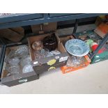 4 boxes with a large qty of glassware to inc. dishes, bowls, jelly moulds, plus a large teapot,