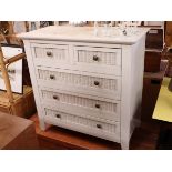 Modern white chest of 2 over 3 drawers with woven drawer fronts