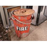 2 red painted galvanized fire buckets (1 lidded)