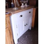 (1) Modern white mini sideboard with single drawer and cupboard and light oak surface