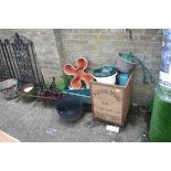 (1174) Tea chest containing plastic garden pots with 1 glazed ceramic pot and concrete style