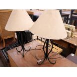 Modern pair of black wrought metal table lamps with conical shades