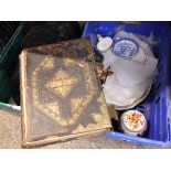 Crate containing ceramics, wooden figure and family bible