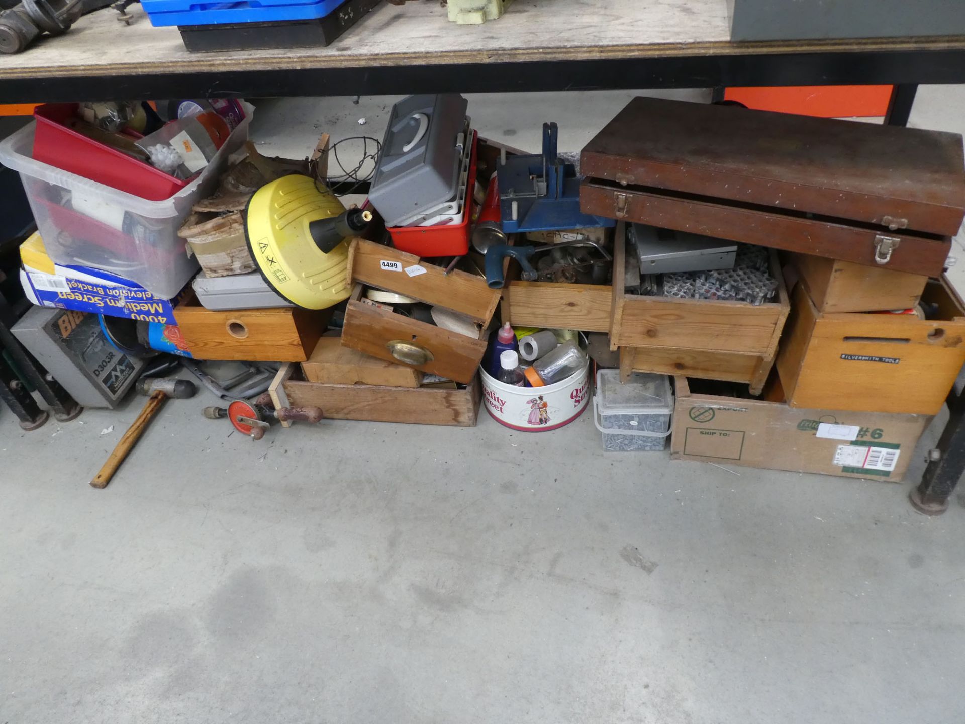 Large under bay of assorted tools, fixings, wooden boxes, etc