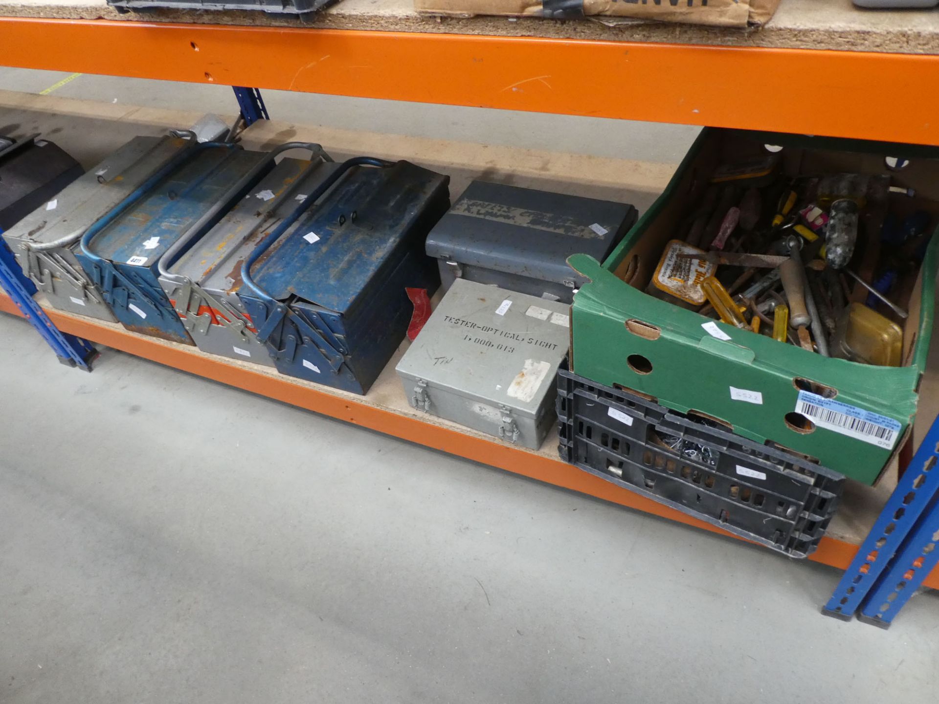 Large underbay containing four cantilever metal tool boxes, two vintage military boxes and two large